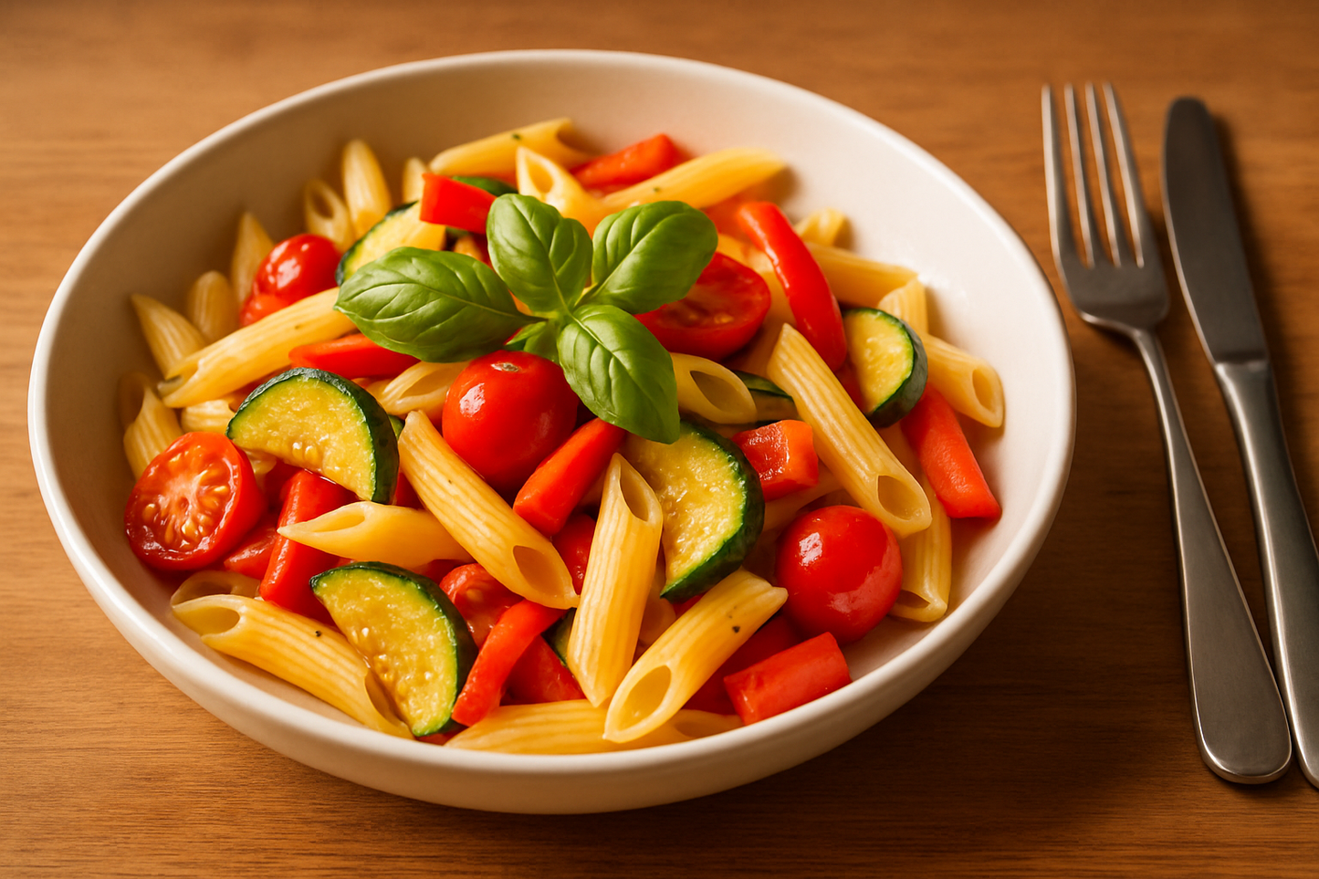 a bowl of penne pasta with cherry tomatoes, zucchini, basil, red peppers with a fork and knife next to the bowl