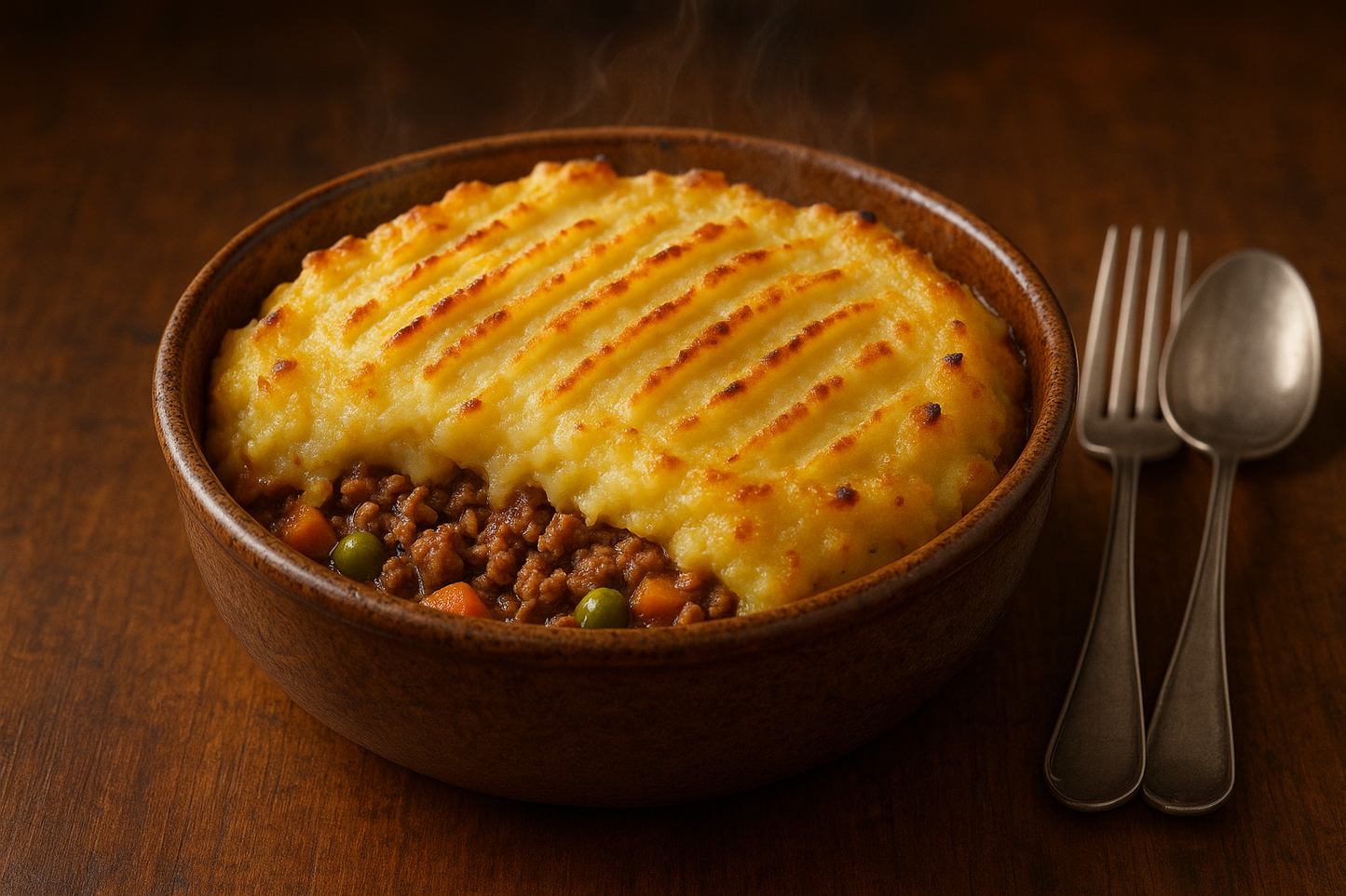 traditional shepherds pie in a bowl, with a spoon and fork next to the bowl