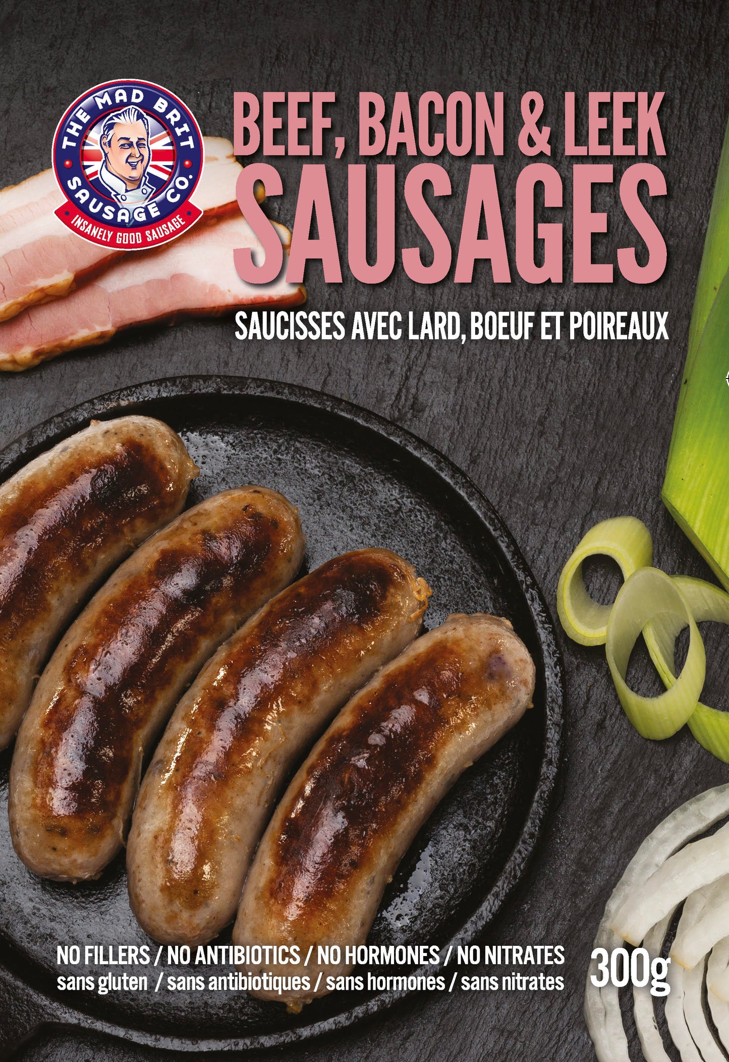 Mad Brit Sausage Co. - Beef. Bacon and Leek Sausages (Contains Pork)