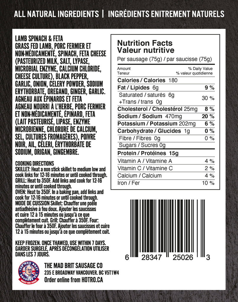 Mad Brit Sausage Co. Lamb Spinach Feta Sausages Local Meat