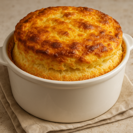 a beatiful cheesy souffle in a ramekin