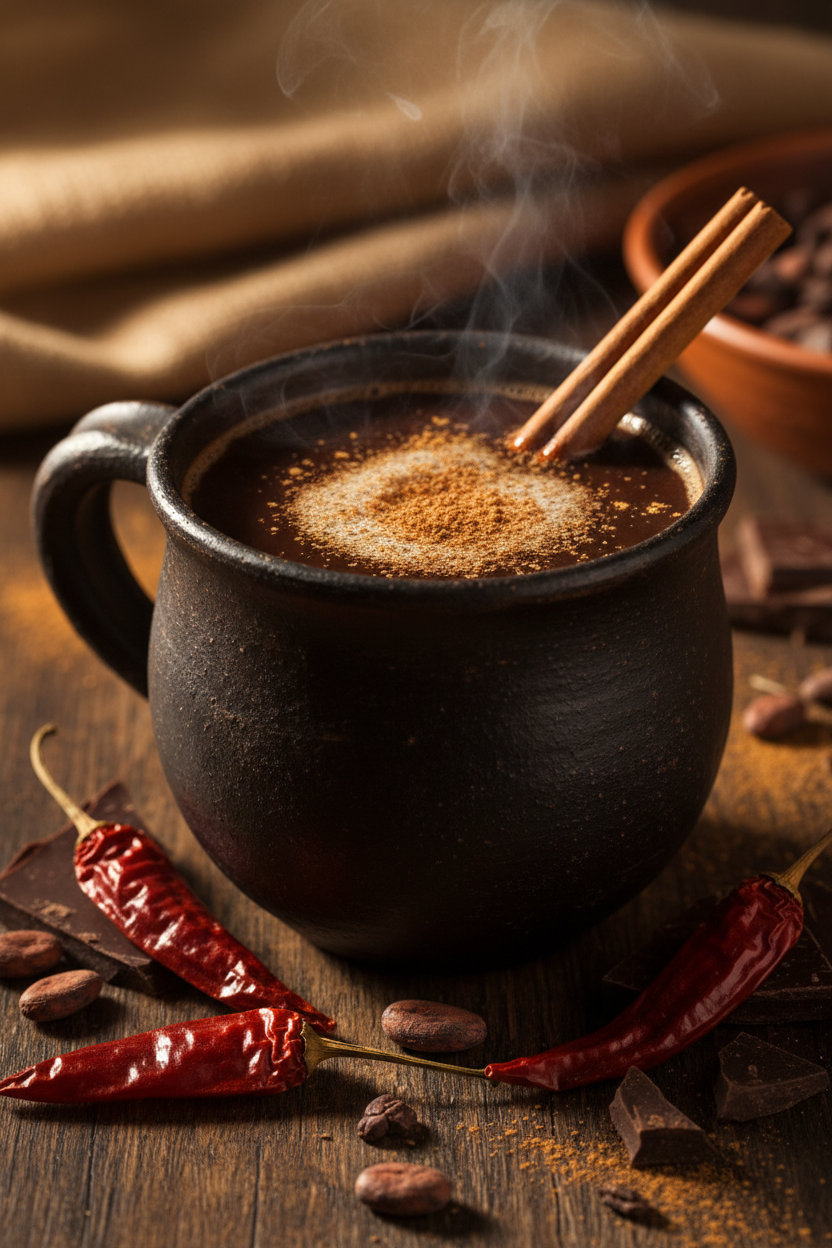 A steaming mug of Mexican-style bone broth hot chocolate with cinnamon and cacao, made with Nourish Yourself BC-sourced beef bone broth