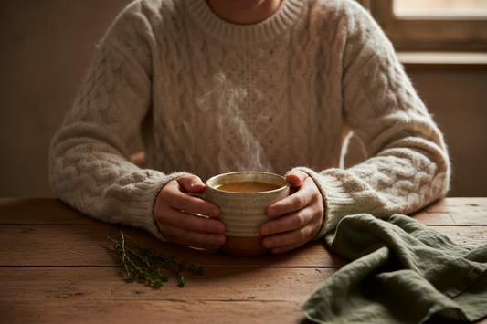 A person's hands cradling a warm ceramic mug of golden bone broth in the morning, soft natural light, minimalist wellness aesthetic, steam rising, calm and nourishing mood