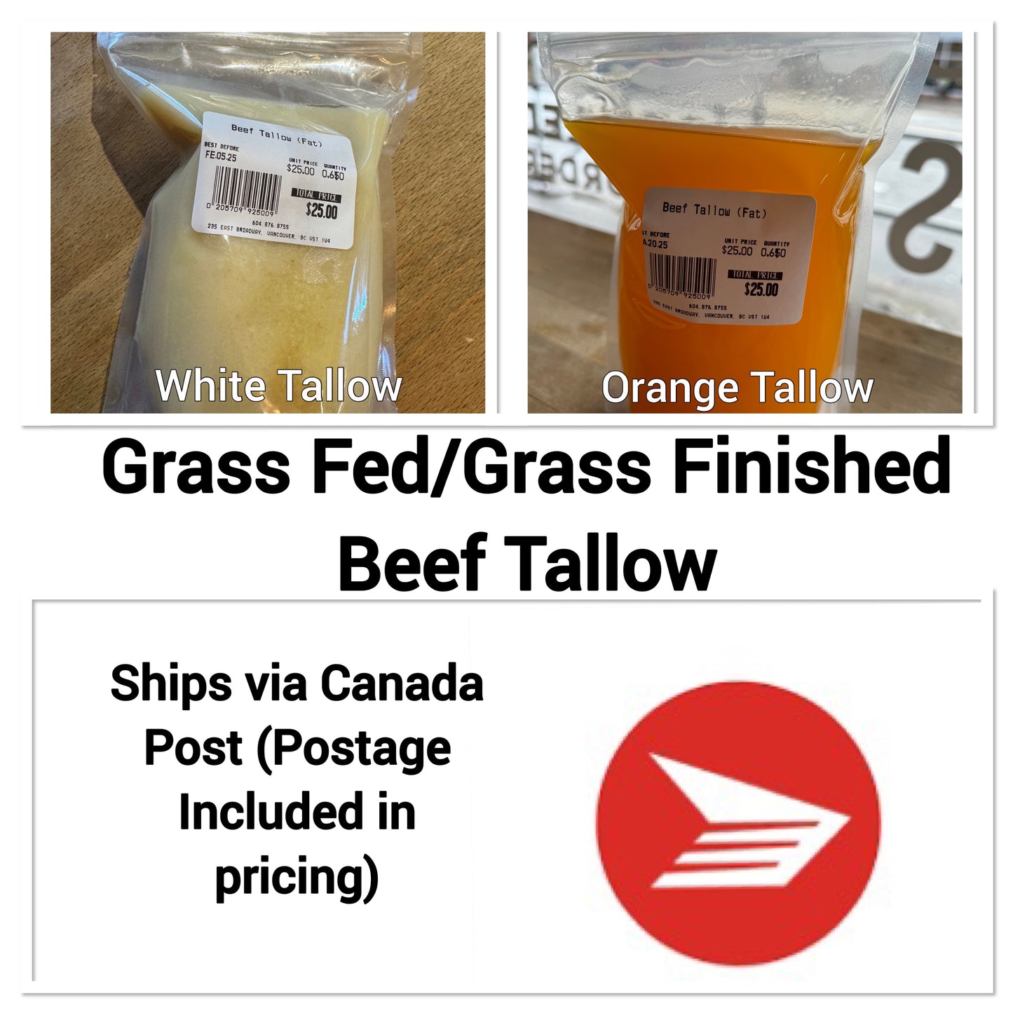 Beef Tallow (Rendered Beef Fat) 650mL/Bag + Canada Postage BC LOCAL