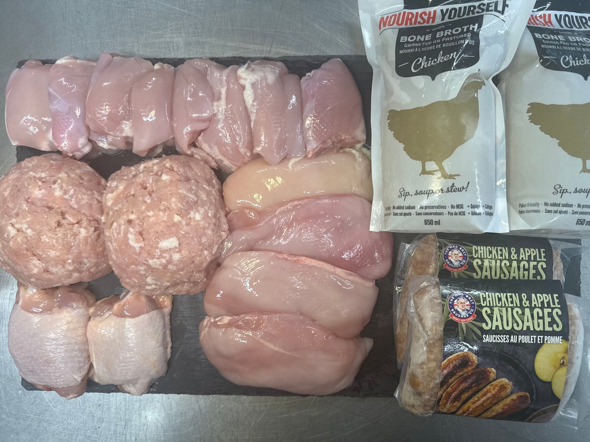 Raw chicken parts and two packaged food items arranged on a dark tray against a stainless steel background. The food includes several raw chicken thighs, two raw chicken breasts, two raw chicken drumsticks, two raw chicken legs, two raw ground meat balls, a package of chicken and apple sausages, and two white packages of chicken wings.