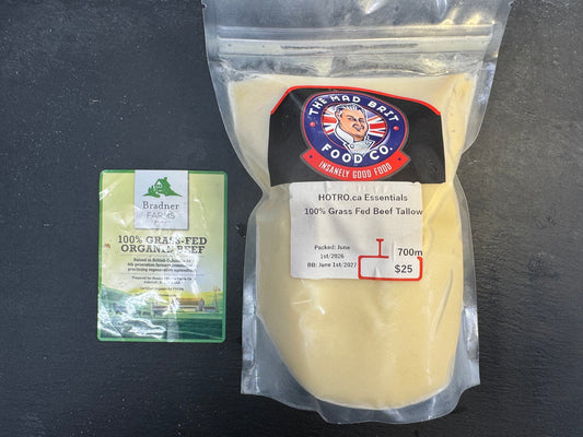 A 700g pack of grass fed organic beef tallow from Bradner Farms fat.