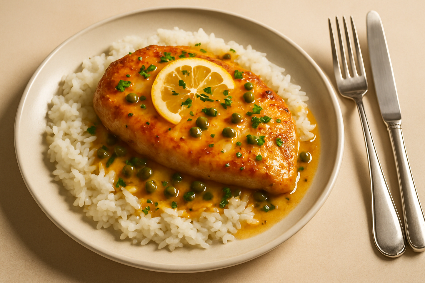 chicken piccata on a bed of rice, on a plate, with a fork and knife next to the plate