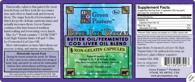 BLUE ICE™ Royal Butter Oil/Fermented Cod Liver Oil Blend - Non Flavored Capsules - HOTRO.ca