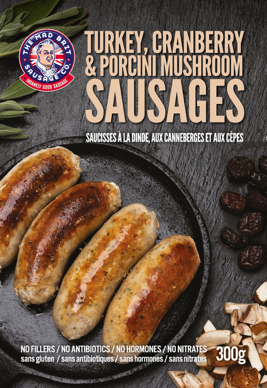 Mad Brit Sausage Co. - Turkey, Porcini Mushroom and Cranberry Sausages (Contains Pork)